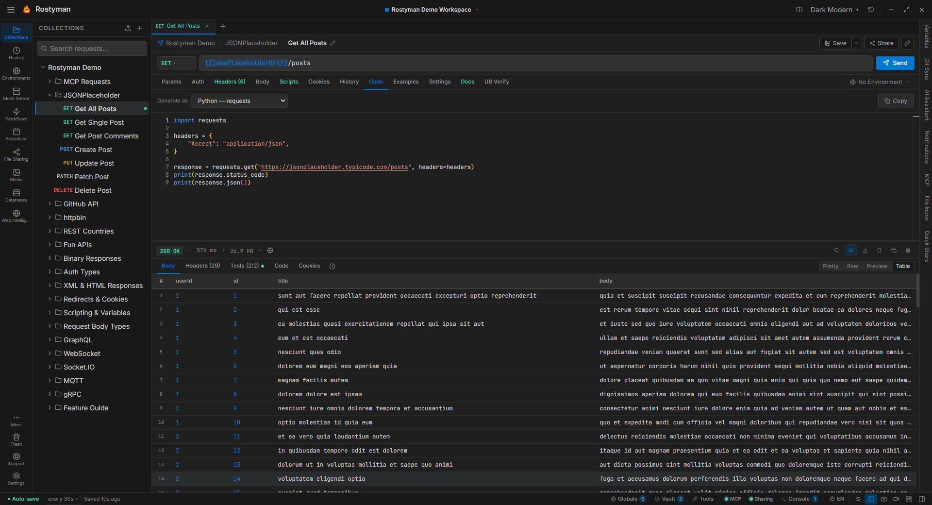 Rostyman code generation tab showing a Python requests snippet for the current HTTP request