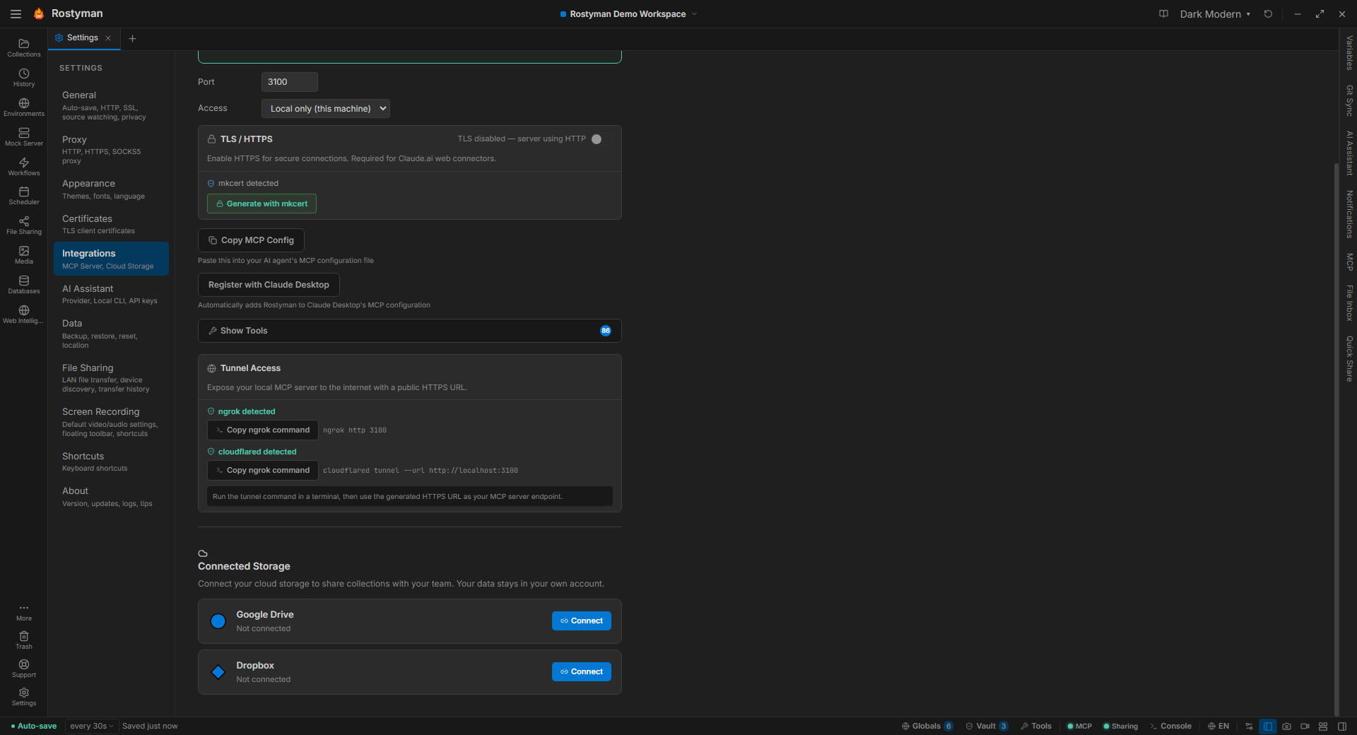 Rostyman connected storage settings showing Git, URL, Google Drive, and Dropbox sync options per collection