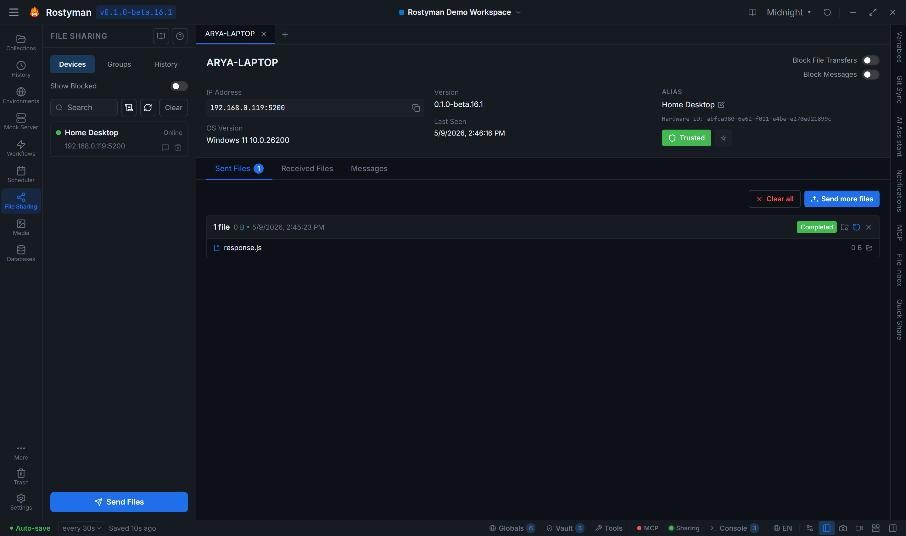 Rostyman file sharing panel with trusted devices, transfer history, and quick share