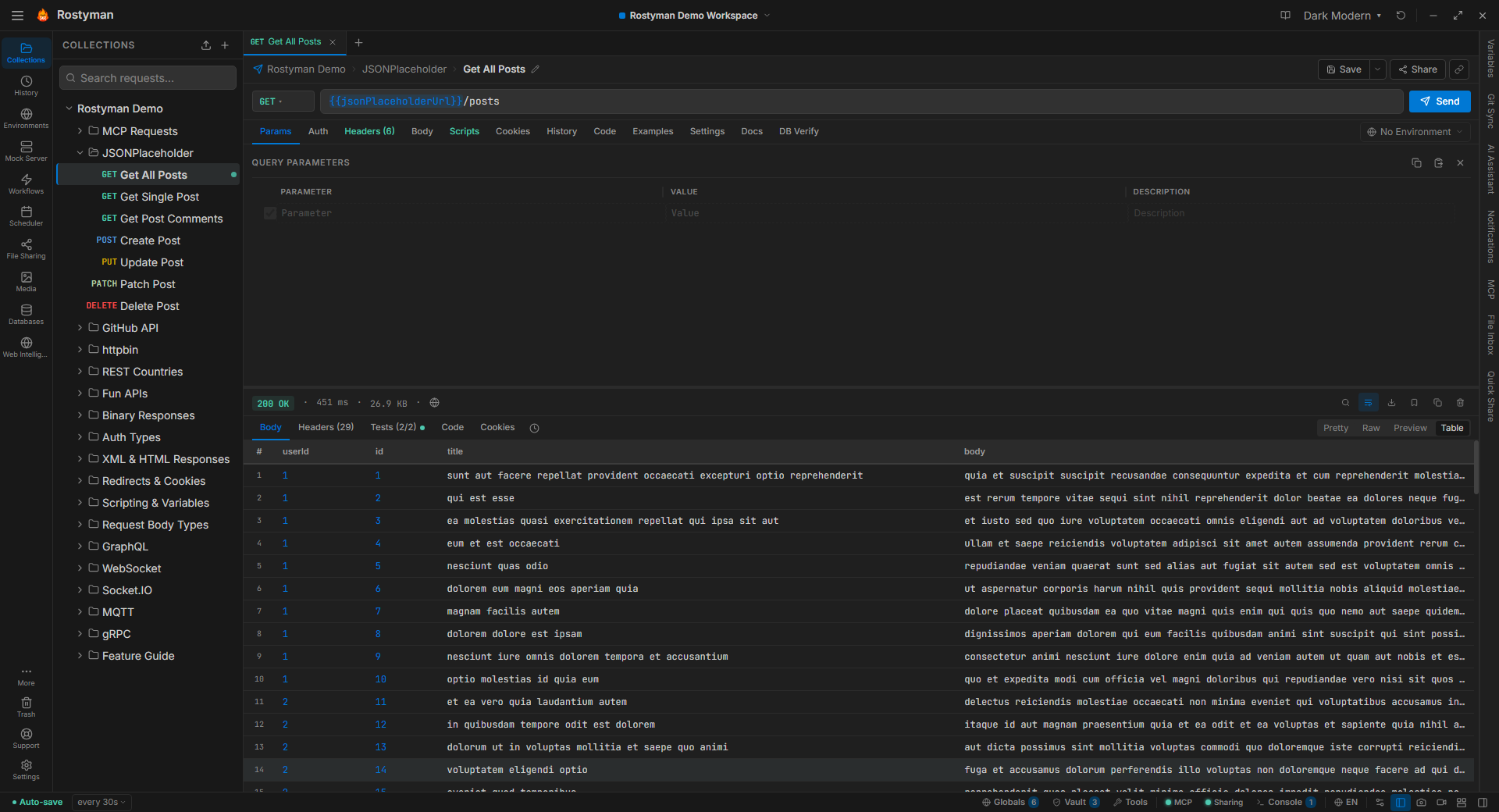 Rostyman API client — full application view