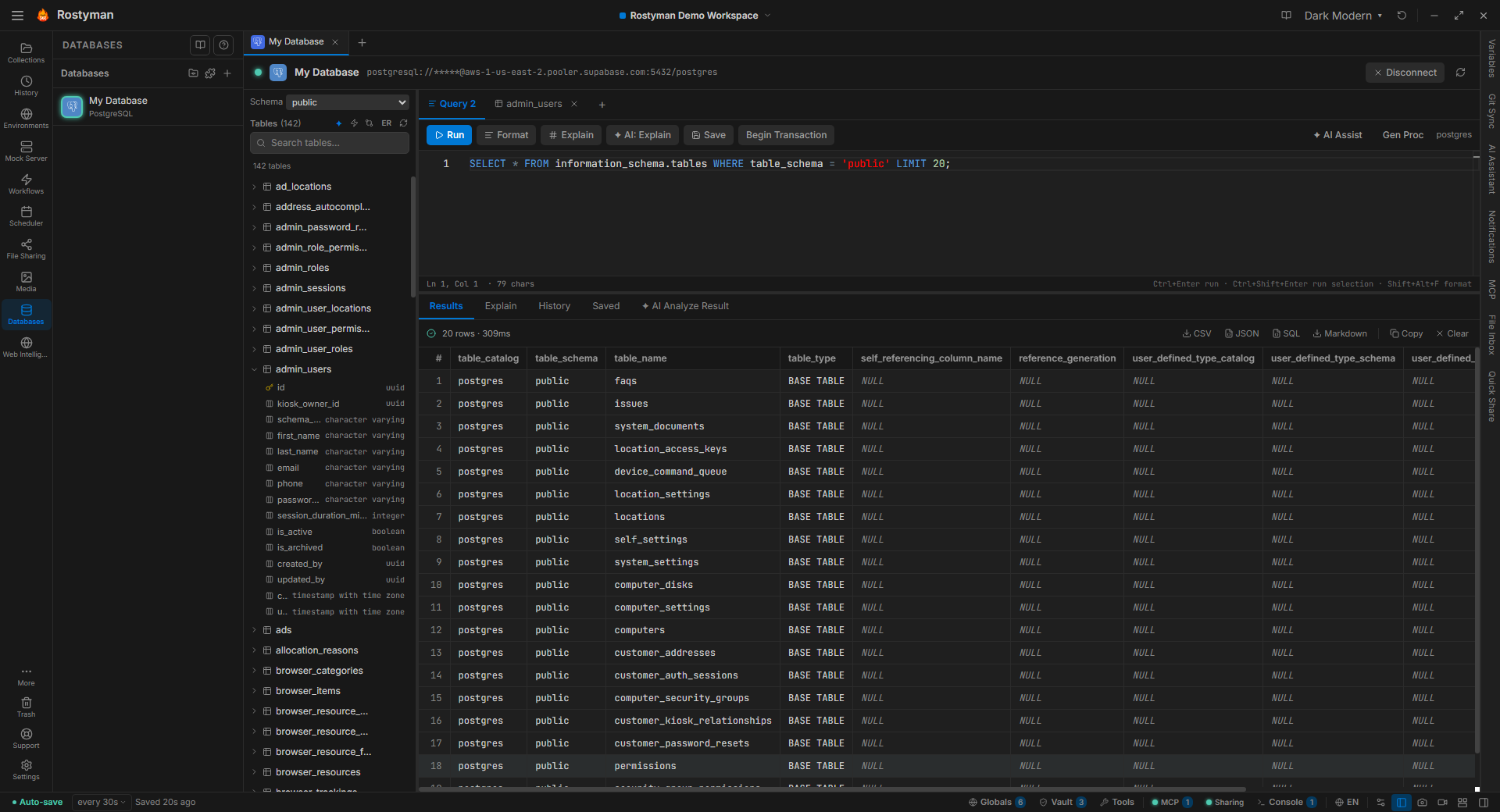 Rostyman database client — SQL query with results