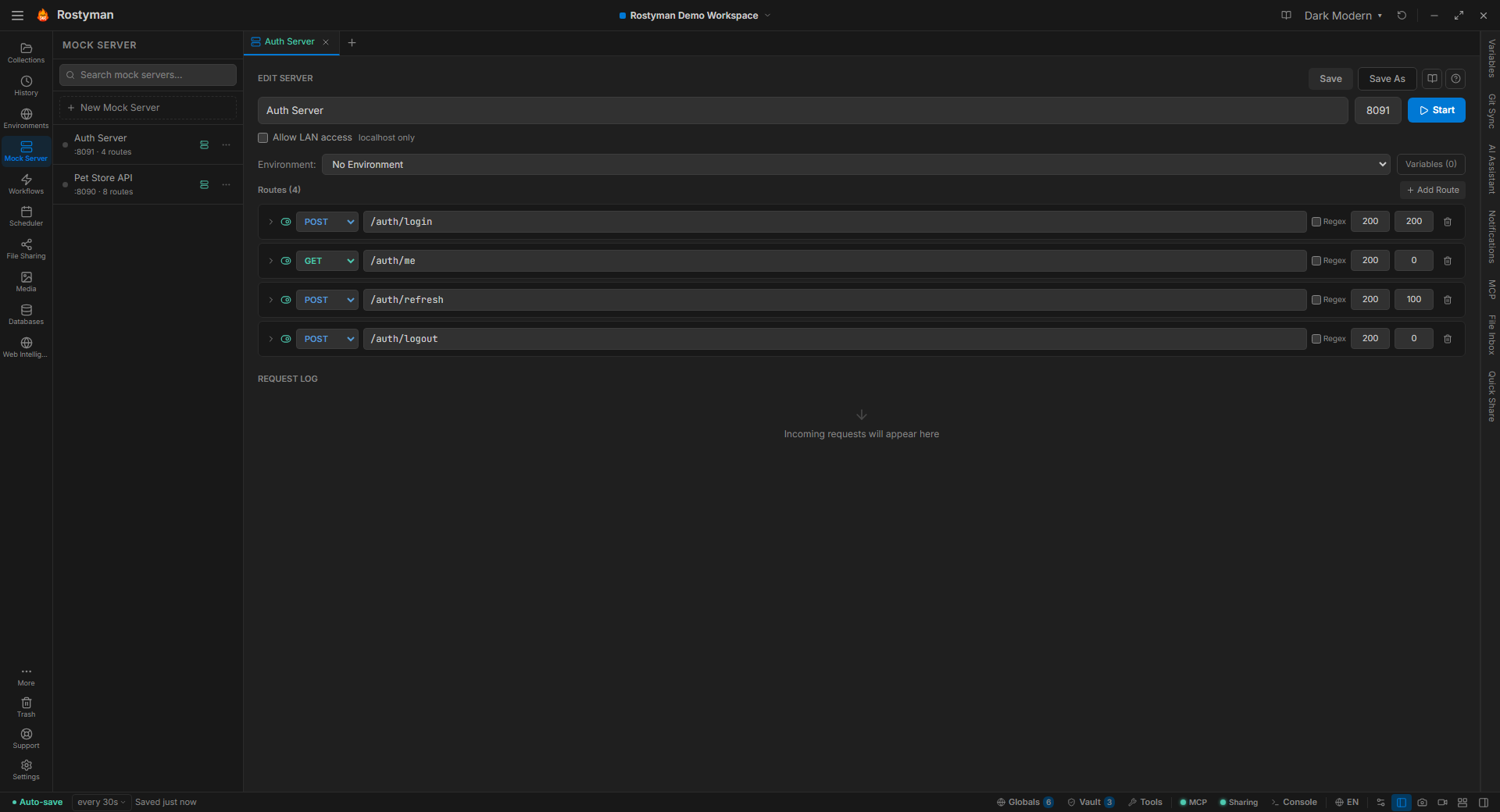 Rostyman mock server tab with multiple routes, response bodies, and a Start button — running on localhost