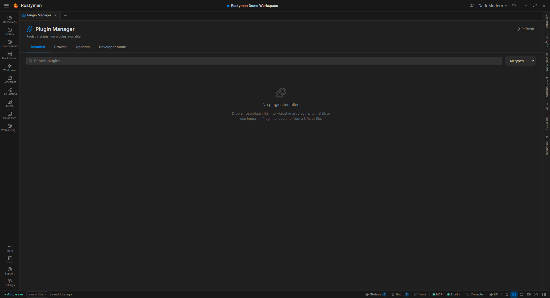 Rostyman plugin manager showing installed import and export plugins with kind, version, and file extensions