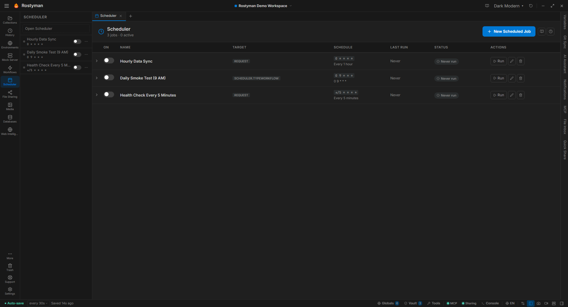 Rostyman scheduler tab listing multiple scheduled jobs with their next run time, last status, and pause toggles