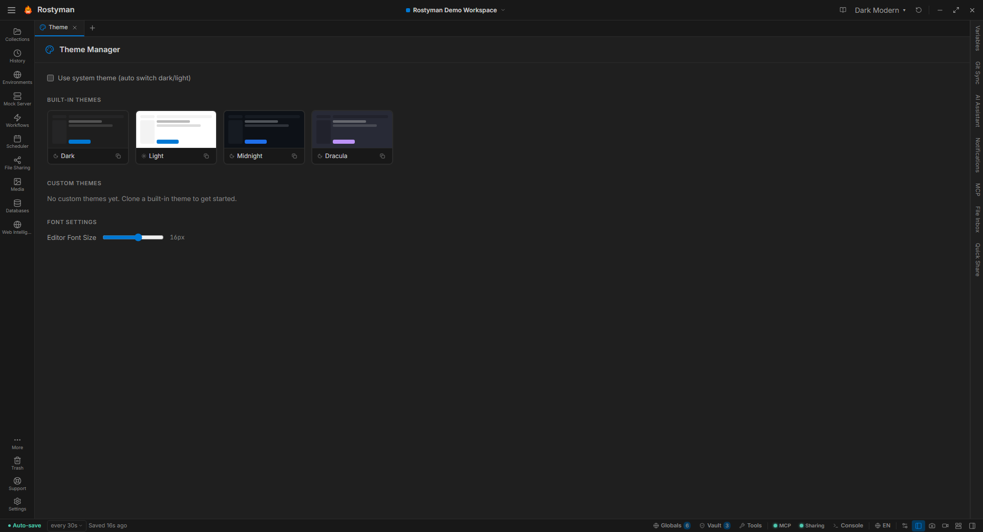 Rostyman theme picker showing 20 built-in themes with live preview swatches